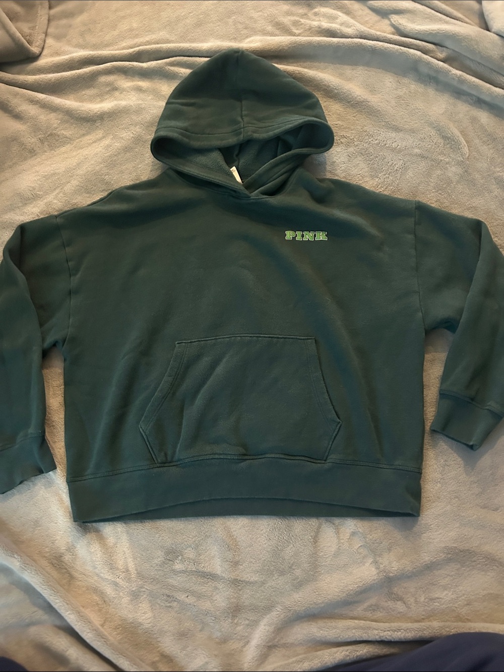 PINK Victoria's Secret Dark Green Hooded Sweatshirt with Lime Logo